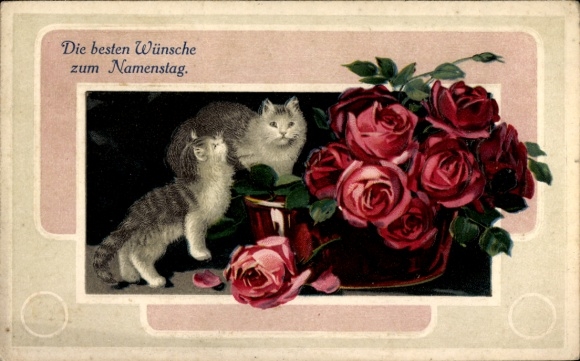 Embossing Chromo-Litho Congratulations on your name day, two cats, roses