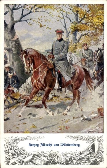 Artist Postcard Duke Albrecht of Württemberg, on a horse, battle, I. WK