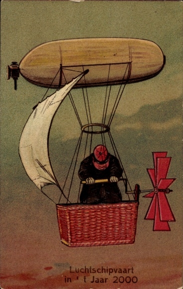Embossed Postcard Vision of the Future, Flight in the Year 2000, Zeppelin with Sail