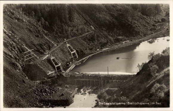 Postcard Saale Orla Kreis, construction of the Bleiloch Dam, Saale Dam