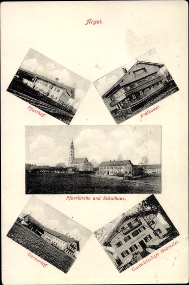 Postcard Arget Sauerlach in Upper Bavaria, vicarage, Erdlbauer, parish church, school, Garnerhof, inn