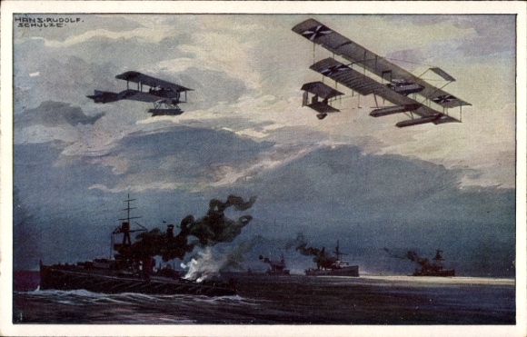 Artist Postcard Schulze, Hans Rudolf, Seaplanes over the English fleet, I. WK