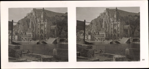 Stereo Raumbild Foto "Der Kampf im Westen", Nr. 91 Pioniere errichten Behelfsbrücke in Dinant