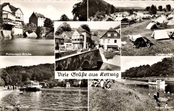 Postcard Kettwig Essen in the Ruhr area, old town, Mühlenteich bridge, campsite, hotel ship Thetis, Ruhr
