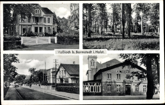 Ansichtkaart Vossloch Bokholt Hanredder in Sleeswijk-Holstein, herberg, bosgebied, straatgebied