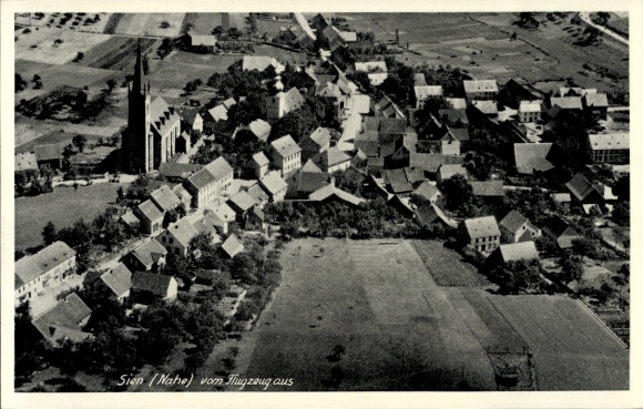 Postcard Sien on the Nahe, aerial view of church visible, surrounding houses
