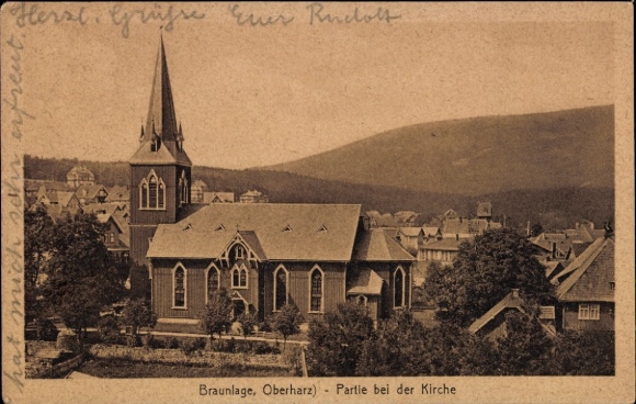 Postcard Braunlage in the Upper Harz, church, mountain landscape, map, sepia tones,
