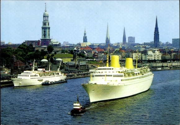 Postcard Hamburg, harbor with city panorama, ships, tugboats, church towers