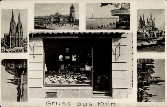 Postcard Cologne on the Rhine, cathedral, train station, Rhine panorama, shop