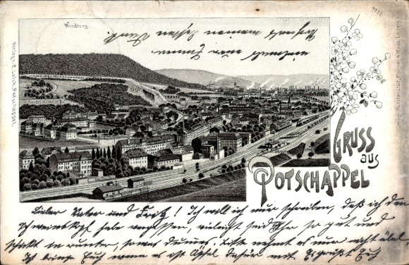 Postcard Potschappel Freital Saxony, black and white landscape drawing, houses, tracks, text