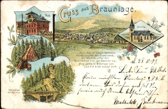 Chromo-Litho Braunlage in the Harz, post office, church, general view