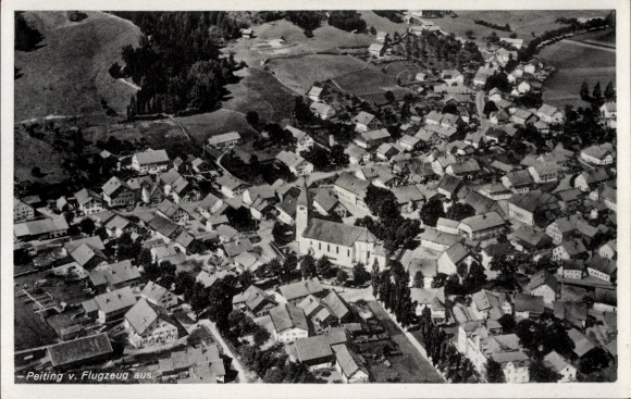 Postcard Peiting in the region of Oberland Bavaria, aerial photography, old town, church, Gasthaus z. Pinzger