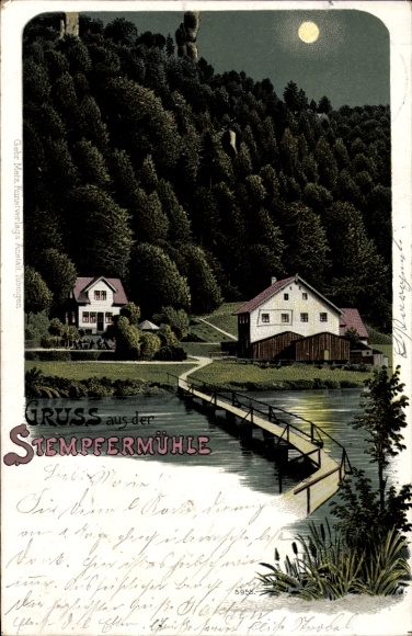 Chromo-Litho Gößweinstein, Stempfermühlquelle, residential buildings, moonlight, river bridge