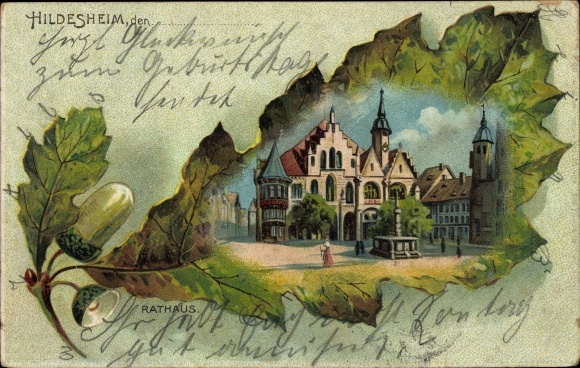 Oak leaf litho Hildesheim in Lower Saxony, town hall