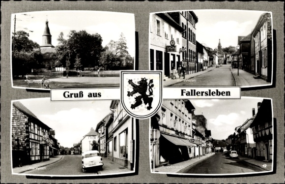 Postcard Fallersleben Wolfsburg in Lower Saxony, street, church, coat of arms