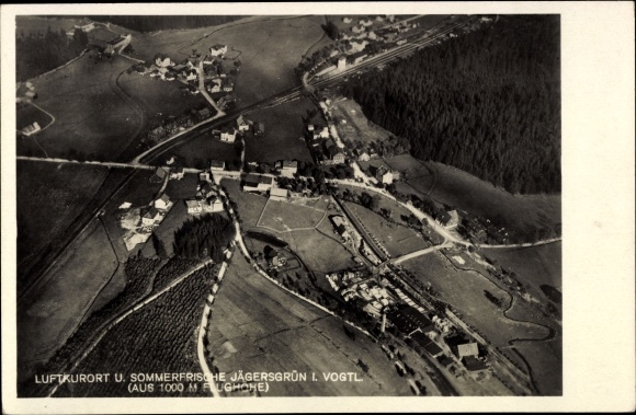 Postcard Jägersgrün Tannenbergsthal in Vogtland, aerial view, town view