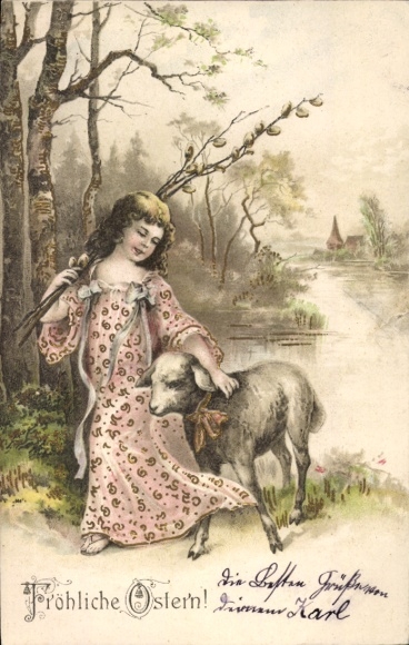 Präge Litho Glückwunsch Ostern, Mädchen, Lamm, Weidenkätzchen