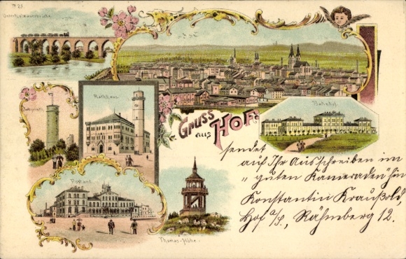 Chromo-Litho courtyard in Upper Franconia, Unterholzauer Bridge, town hall, labyrinth, post office, train station, Thomashöhe
