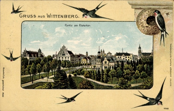 Passepartout Chromo-Litho Lutherstadt Wittenberg, at the Elstertor, Swallows