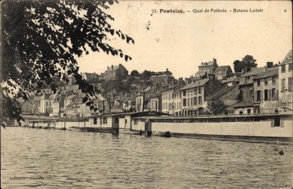 Ak Pontoise Val d'Oise, Blick auf Quai de Pothuis, Bateau-Lavoir, Häuserreihe am Wasser