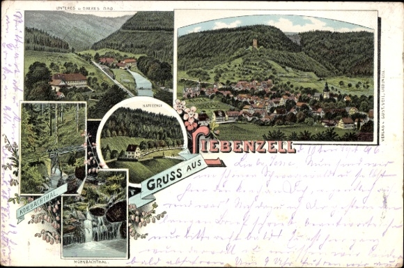 Chromo-Litho Bad Liebenzell in the Black Forest, general view, waterfall