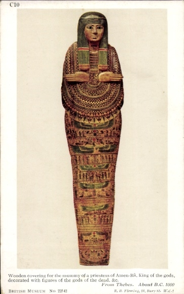 KP Teby, Egipt, Muzeum Brytyjskie nr 22542, drewniana okładzina, mumia kapłanki Amona Ra