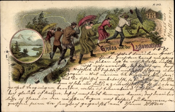 Chromo-Litho greeting from the country outing, storm, thunderstorm, rainy weather
