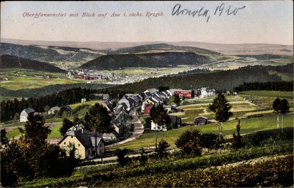 Postcard Oberpfannenstiel Lauter Bernsbach im Erzgebirge Sachsen, Panorama mit Blick nach Aue