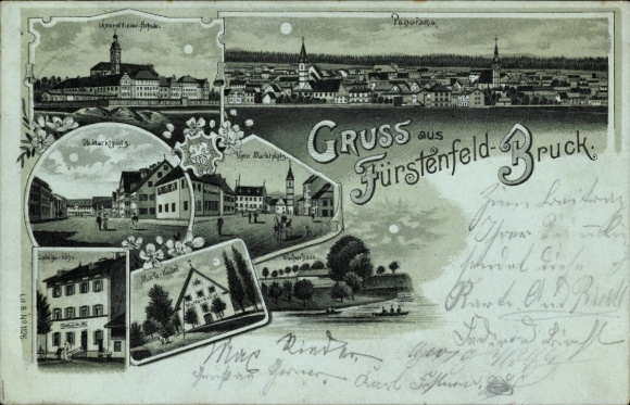 Moonlight litho Fürstenfeldbruck in Upper Bavaria, panorama, market square