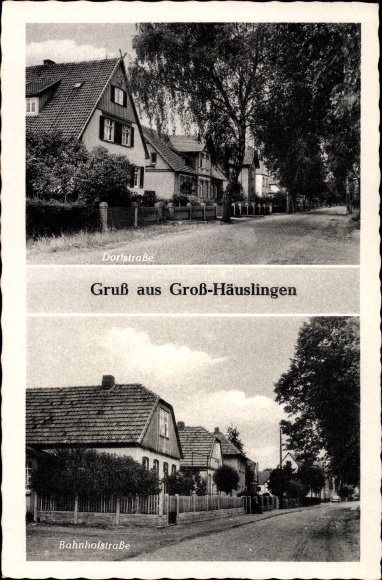 Postcard Groß Häuslingen in the Heidekreis, Dorfstrasse, Bahnhofstrasse