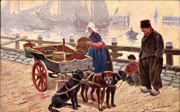 Artist Postcard Gerstenhauer, J., Woman in Dutch costume loading dog cart, harbor