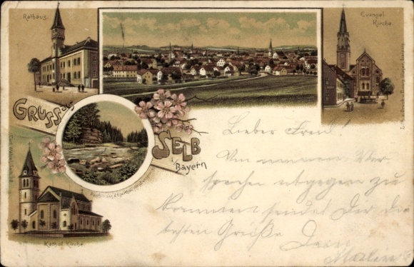 Chromo-Litho Selb in the Fichtelgebirge Upper Franconia, town hall, churches, panorama