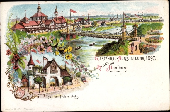 Chromo-Litho Hamburg Mitte Neustadt, Horticultural Exhibition 1897, Gate at Holstenplatz