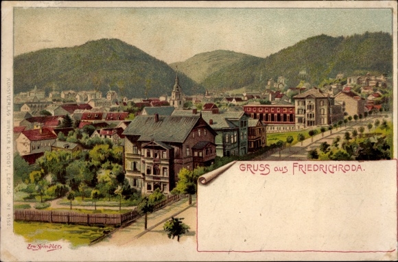 Artist Chromo-Litho Spindler, Erwin, Friedrichroda in the Thuringian Forest, panoramic view of the city