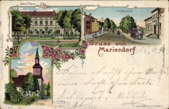 litho Berlin Tempelhof Mariendorf, schoolgebouw, dorpsstraat, kerk