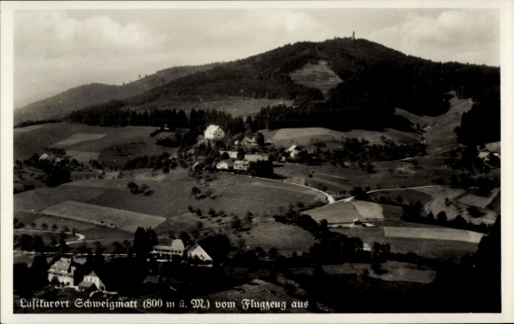 Postcard Schweigmatt Raitbach Schopfheim in Baden, landscape from the air, mountains, forests, fields,