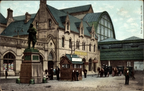 Postcard Middlesbrough Northeast England, train station, monument, bridge