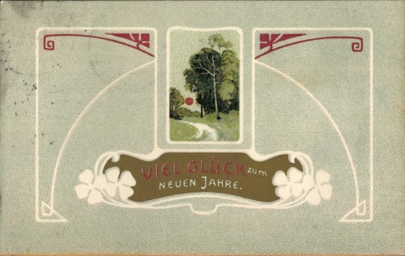 Art Nouveau PC Happy New Year, clover leaves, landscape motif