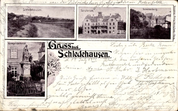 Ak Schledehausen Bissendorf in Niedersachsen, Schloss Schelenburg, Sanatorium, Kriegerdenkmal