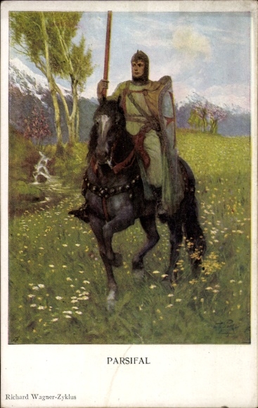 Kunstenaar Ak Richard Wagner, Parsifal, Ridder te paard