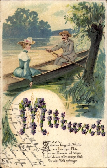 Embossed Chromo-Litho Allegory, Wednesday, lovers in rowing boat, lake, weekday
