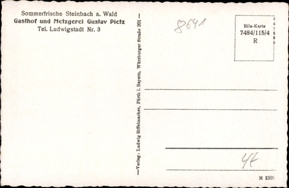 Postcard Steinbach am Wald Oberfranken, inn and butcher&#39;s shop by Gustav Pietz, monument, watershed