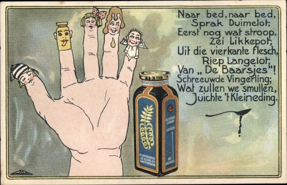 Postcard Reklame, NV Syrup factory De Baarsjes, Amsterdam, Hand with vermenschchten Fingern