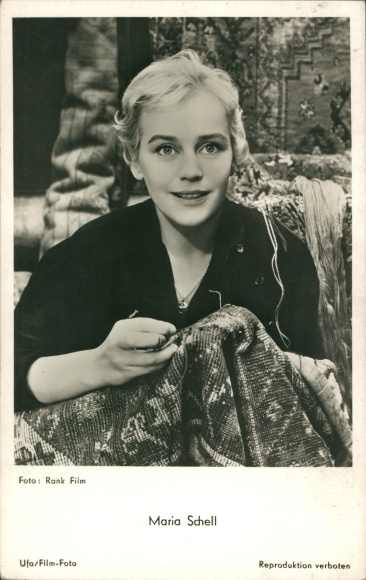 Postcard actress Maria Schell, portrait, sewing, Ufa Film, The Angel with the Trumpet, White Nights