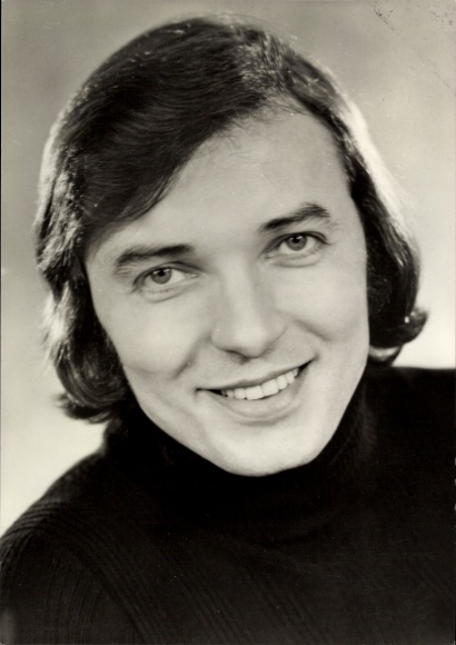 Postcard singer and composer Karel Gott, portrait in black knitted sweater, Maya the Bee