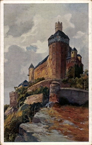 Postcard Braubach am Rhein, castle on a hillside, clouds in the background, historical architecture