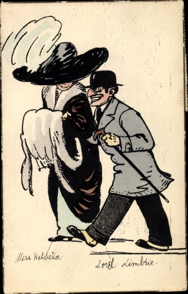 Artist Postcard Woman with a large hat and muff, man with walking stick and coat