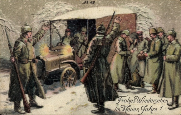 Ak Frohes Wiedersehen im Neuen Jahre, deutsche Soldaten, Feldpost mit Liebesgaben am Neujahrsmorgen