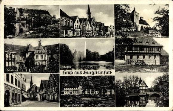 Ak Burgsteinfurt Steinfurt in Münsterland, kasteel, stadhuis, watermolen, ridderburcht, restaurant