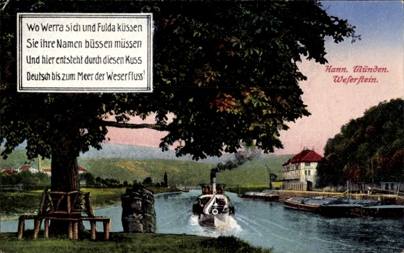 PC Hann. Münden in Lower Saxony, landscape with waterway, trees, steamboat, poem about...